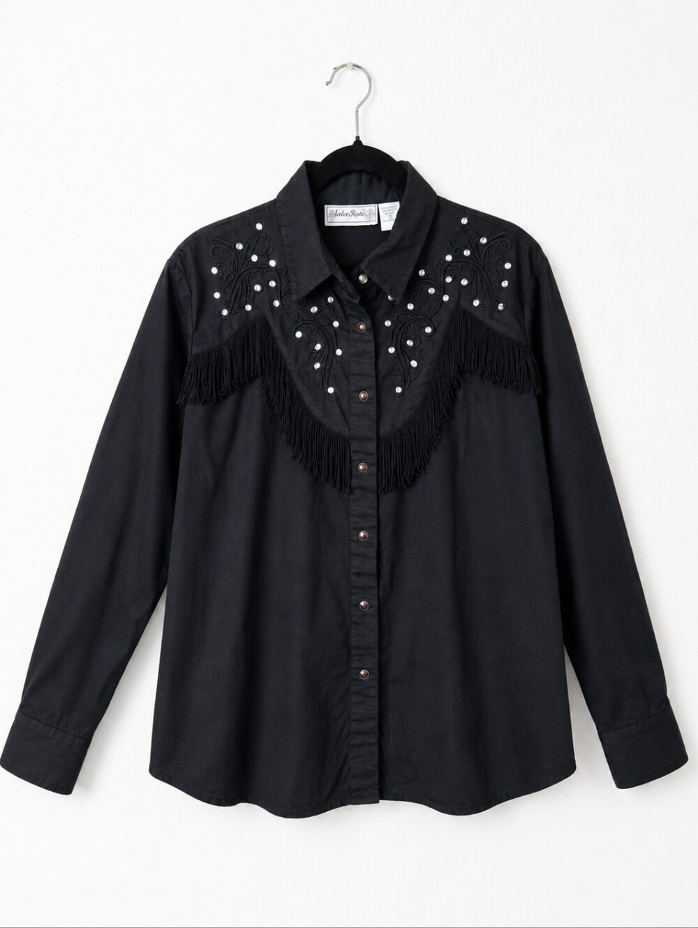 Adobe Rose Black Western Fringe Rhinestone Snap Shirt 2X Vintage Cowgirl Rodeo